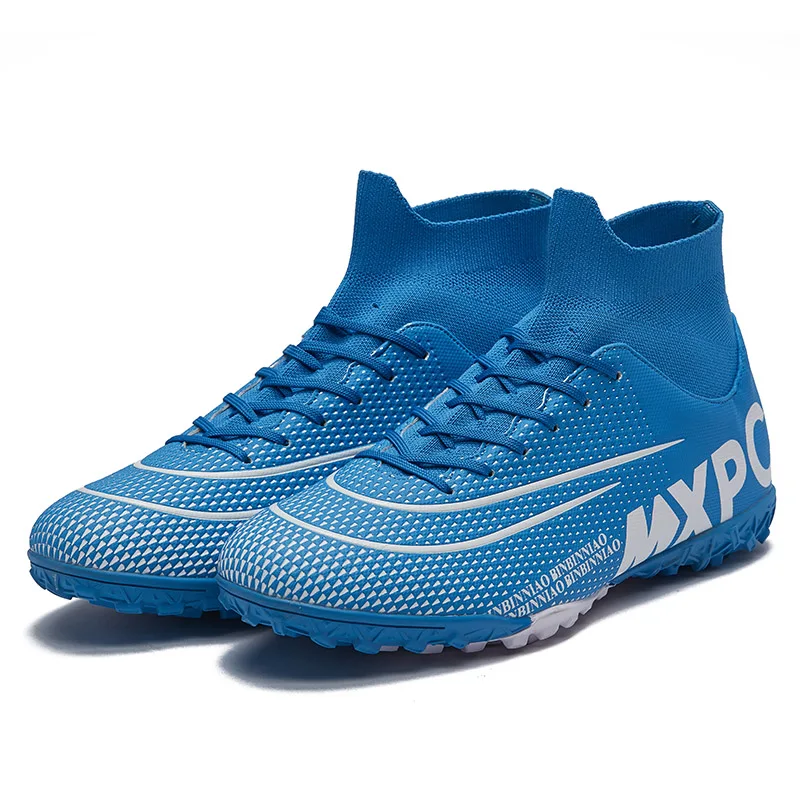 Мужская футбольная обувь футбольные ботинки высокие ботильоны тренировочные кроссовки уличные TF/FG футбольные бутсы дети мальчики оригинальная обувь для футзала - Цвет: blue turf sole