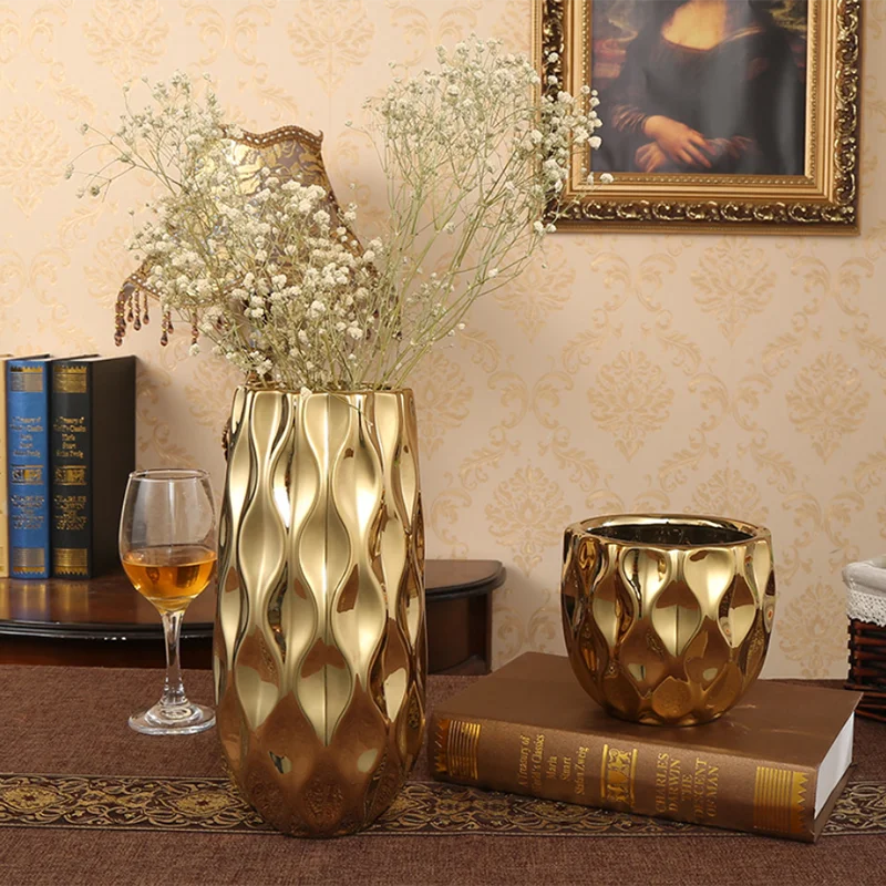 

Nordic ceramic vase golden vase big mouth flower arrangement living room craft decoration dried flower pot fish mouth flower pot