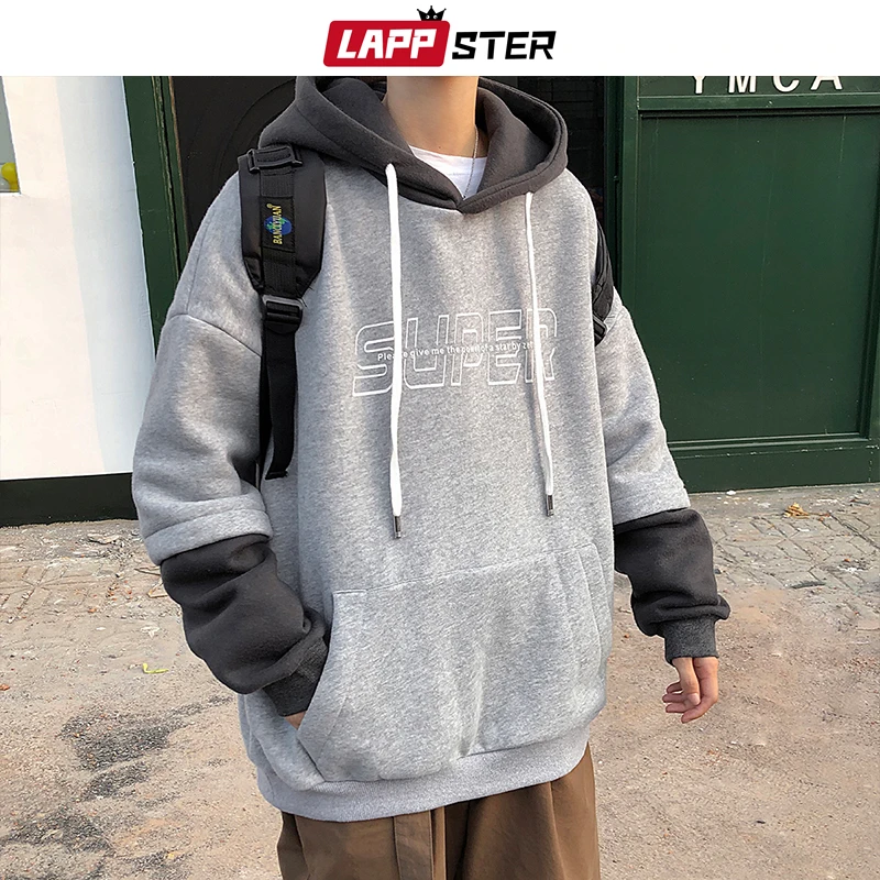 LAPPSTER мужские лоскутные толстовки с капюшоном Мужская корейская мода поддельные две части толстовки мужские черные буквы хип хоп одежда