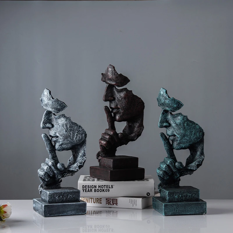 Resin Ornaments Silence is Golden Mask Statue Retro Abstract Ornaments Statuettes Sculpture Craft for Office Home Decoration