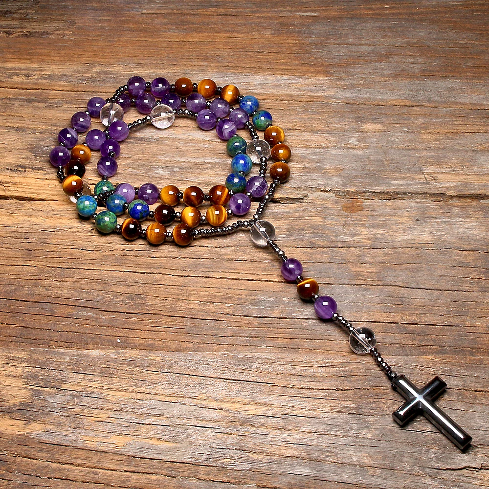 Natural Amethyst Catholic Christ Rosary Necklaces For Women Men Tiger Eye Hematite Cross Pendant Meditation Mala Jewelry