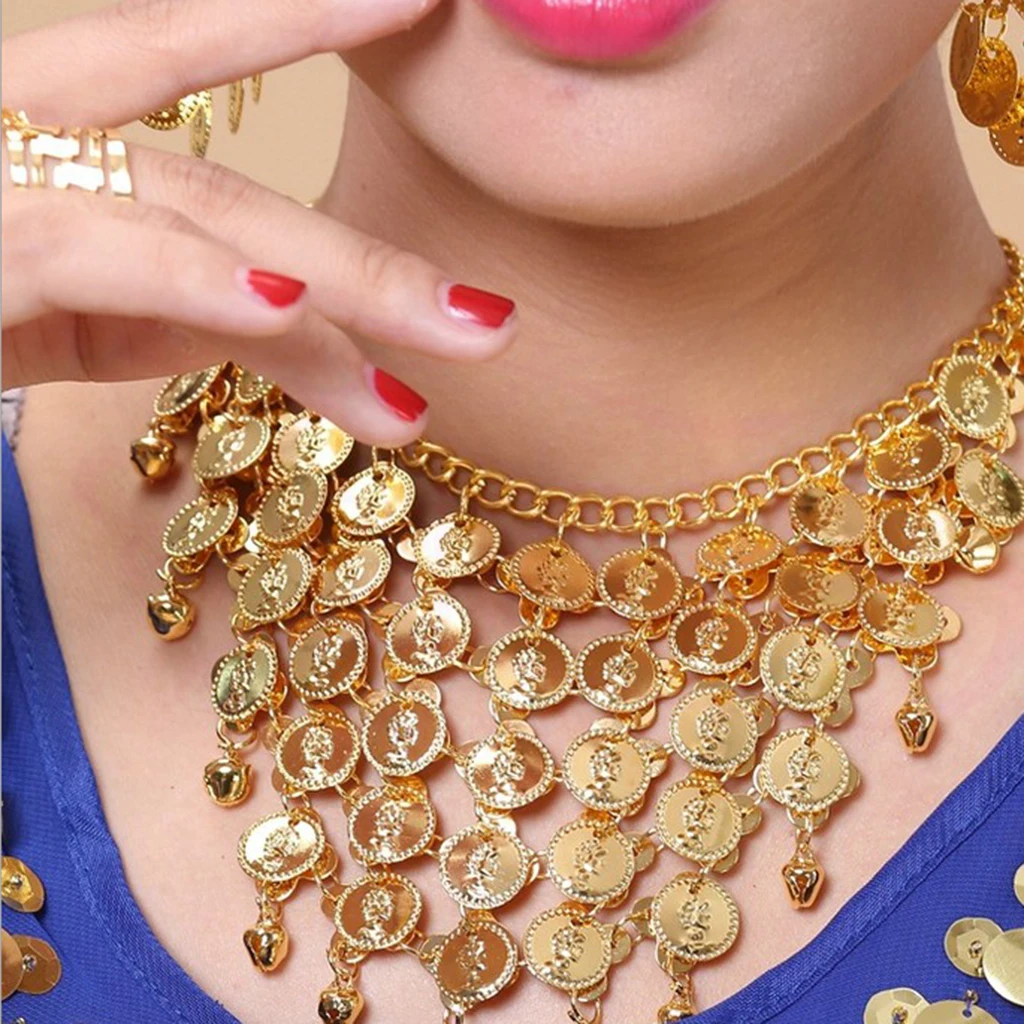 4 Pcs Gold Gypsy Belly Dance Jewelry Set Necklace Earrings Bracelet Headband and Hoop/clip-on Earrings Set