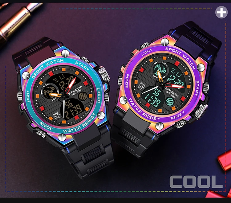 SANDA  Luxury Colorful Dual Display Quartz Watch Waterproof Sports Luminous Chronograph Multi-function Men's Watch Мужские часы