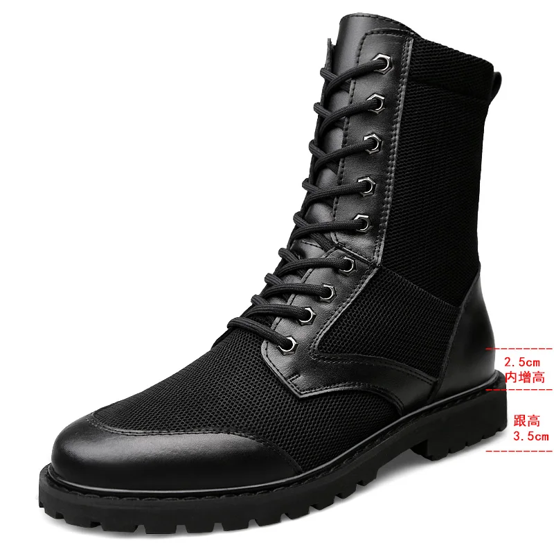 Большие размеры 37-46, черные армейские ботильоны из натуральной кожи на шнуровке Мужская Высокая обувь военные ботинки на плоской подошве мужские повседневные ботинки, увеличивающие рост - Цвет: black2