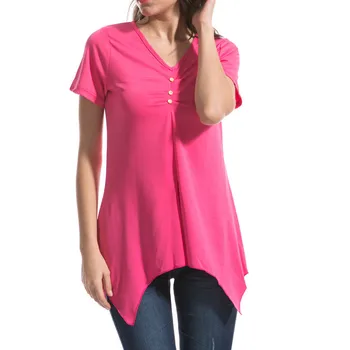 

Women New Summer Women T-shirt V-neck Short Sleeve Irregularly Button Hem Slim Tops
