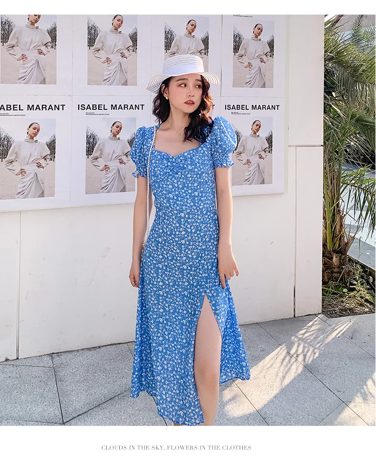 Summer Party Wrap Dress Vintage Blue Print Floral Sexy Slit Beach Holiday Dresses Ladies Vestidos