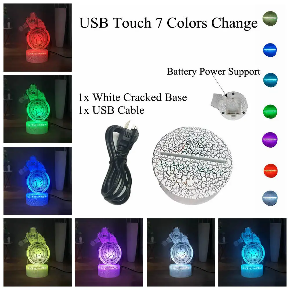 W-USB Touch 7 colors Горячий светодиодный детский ночник Marvel супергерой кино Капитан Америка 3D оптический праздничный свет настольная лампа детский подарок Мстители - Испускаемый цвет: W-USB Touch 7 colors