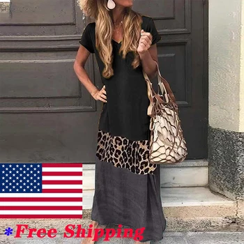 

Vintage Leopard Long Dress Summer Plus Size Loose Beach Summer Dress Casual Women Dress Women Short Sleeve Dress Free Shipping