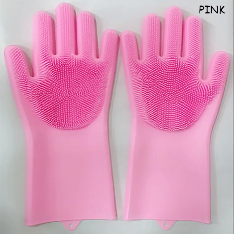 Pink Силикагель варежки для мытья посуды перчатки щетки утолщенные перчатки водонепроницаемые Волшебные кухонные принадлежности бытовые теплоизоляционные перчатки 1 пара - Цвет: Pink