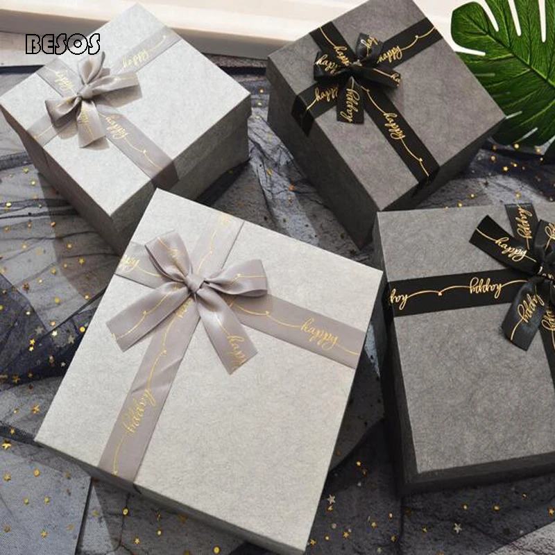 Fresh And Simple Black Light Gray Marble Embolic Letter Ribbon Bow Party New Year Christmas Square Promotional Gift Box B156D | Дом и сад