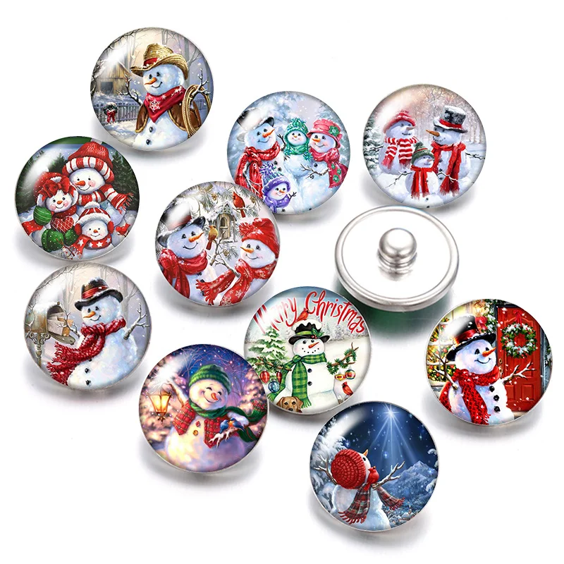 

DB0582 Christmas Snowman Christmas gift 18mm snap buttons 10pcs mixed round photo glass cabochon style for snap button jewelry