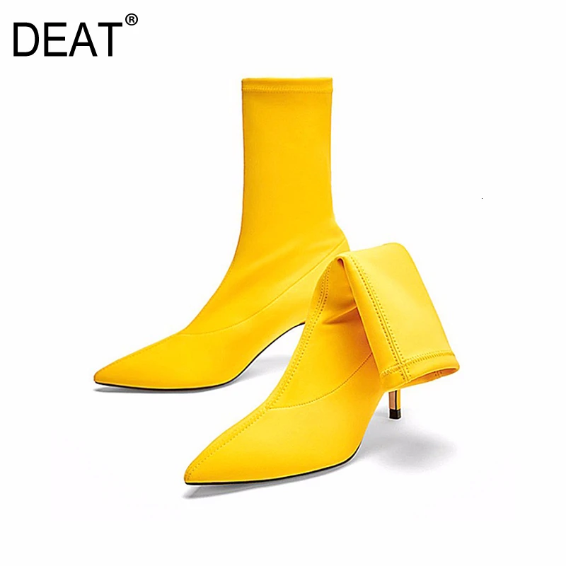 

[DEAT] 2019 Sharp Toe Candy Colors Temperament Stretch Socks Women Thin High Heels Short Boots New Autumn Winter Fashion 19I-a66