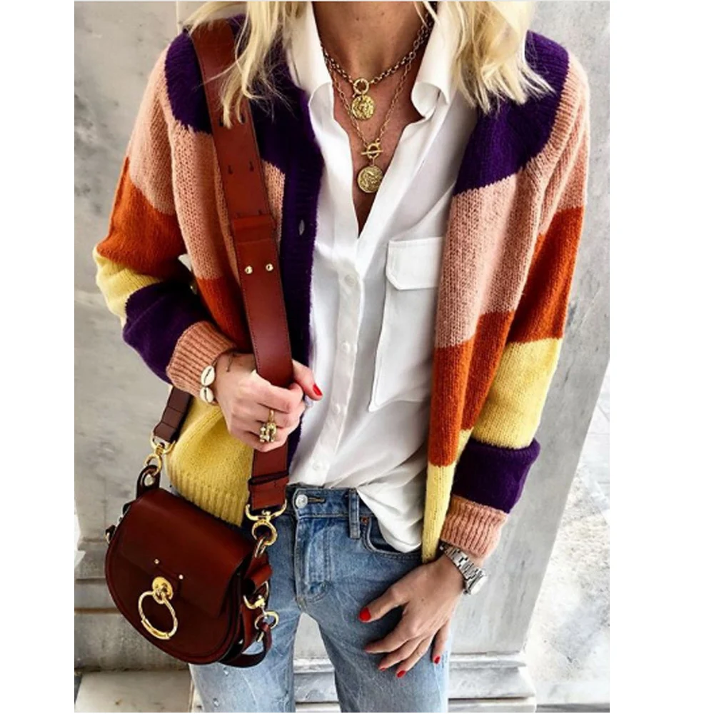 

LITTHING 2019 Autumn Winter Sweater Cardigan Women O Neck Stripe Knitted Cardigan Coat New Causal Loose Female Sweater Jackets