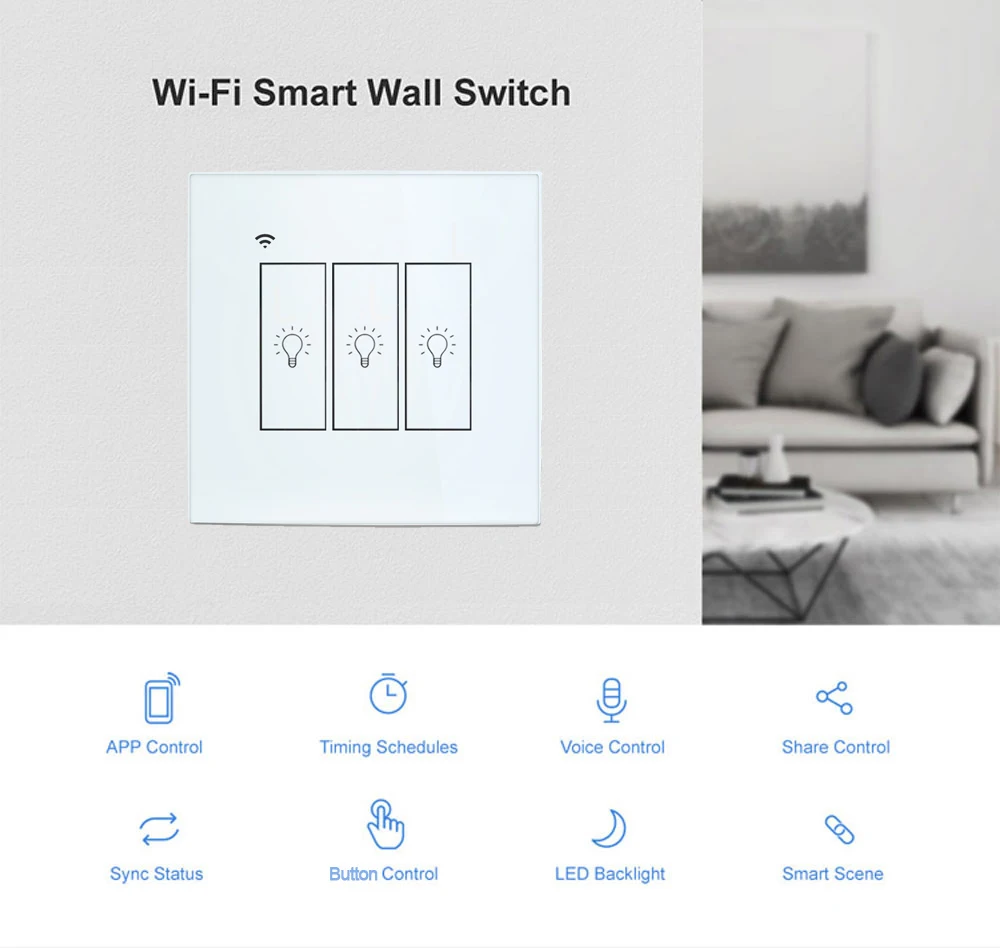 Tuya Smart переключатель 10A/2200 Вт/Gang ЕС Стандартный настенный светильник сенсорный