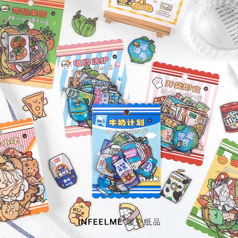 

40pcs/bag Cute 24-hour Store Series Cartoon Style Kawaii Snacks Fruits Stickers Deco DIY Hand Account Sticker Material