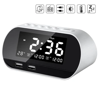 

Digital Radio Alarm Clock LED Dual USB Ports LCD Screen Table Clock Temperature Backlight Snooze Function Electronic Desk Clock