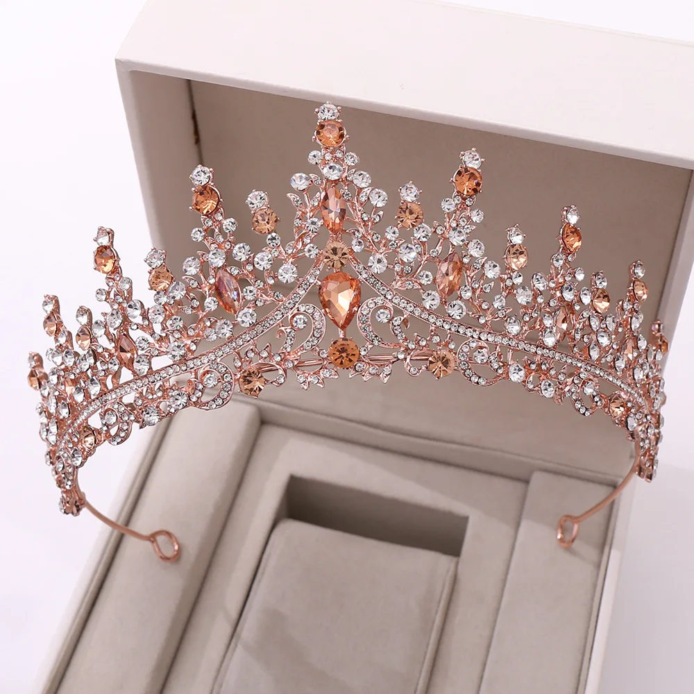 Baroque Retro  Crystal Bridal Tiaras Crown Rose Gold Peach Rhinestone Prom Diadem Bride Headband Wedding Hair Accessories