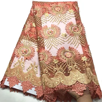 

French Net Laces Fabrics High Quality African 3D Tulle Laces Fabric For Wedding Nigerian Stones Lace Material peach W-562
