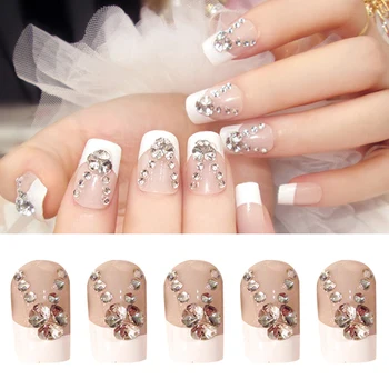

24 Pcs/set Rhinestone False Nail Tips Sticker Bride Press On Fake Nail Manicure Flash Chip With Glue Glitter Ballerina Nail Tips