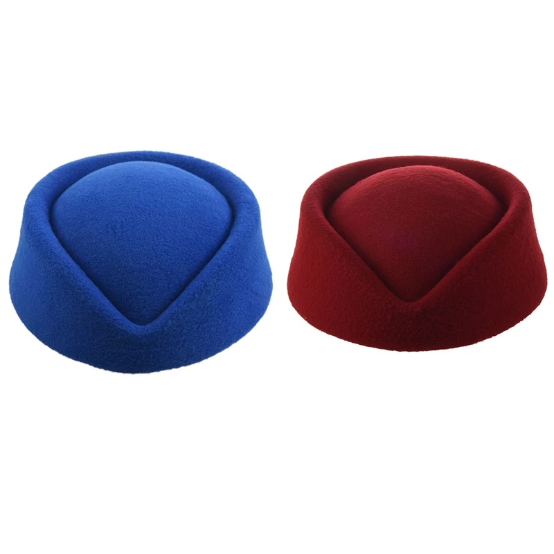 2 Pcs New Elegant Wool Felt Pillbox Stewardess Air Hostesses Beret Hat Party Base Cap(Blue& Red Wine