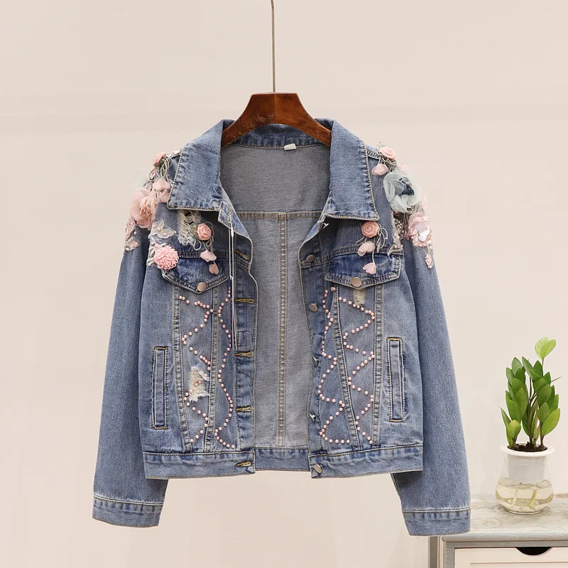 

Spring Korean Fashion Beading Embroidery Denim Jacket Women Basic Coat Loose Short Jeans Jacket Female Outerwear Chaqueta Mujer