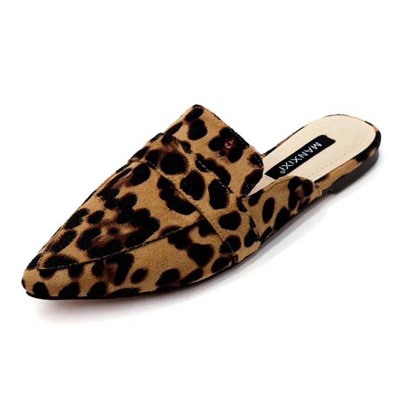 Leopard BomKinta/сезон весна-лето; тапочки из змеиной кожи на плоской подошве; женские слипоны; туфли без задника; обувь с леопардовым принтом и острым носком; женские босоножки - Цвет: Leopard