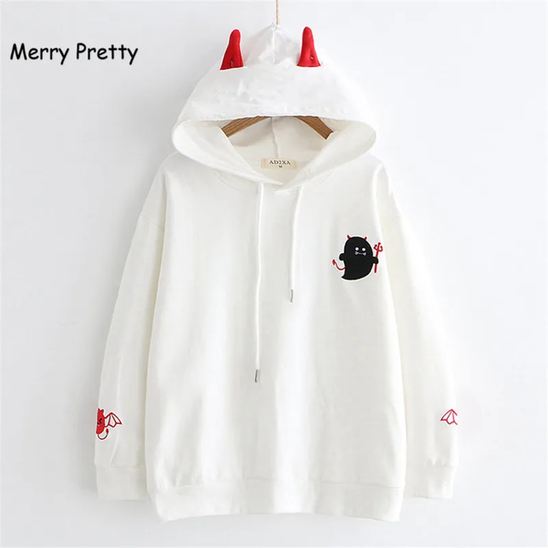 Merry Pretty women Cotton Hoodies Sweatshirts with ears Harajuku Black Devil Embroidery Hooded Swea
