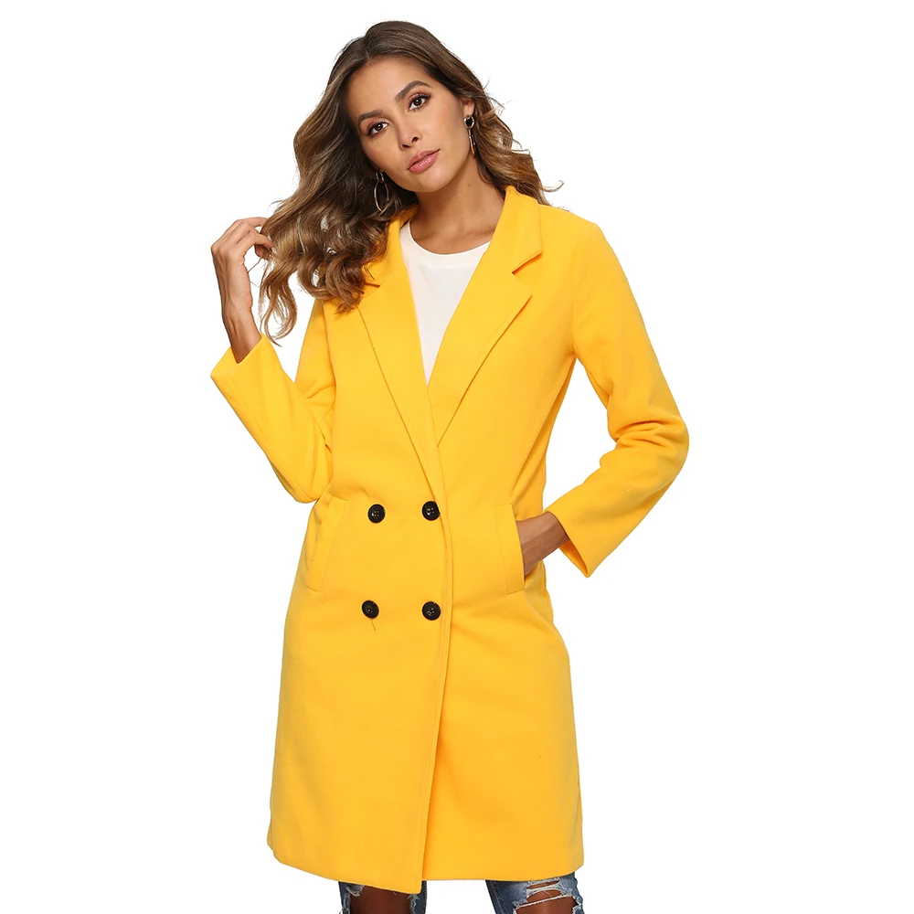 Модное женское Шерстяное Пальто, одноцветное осеннее шерстяное длинное пальто для женщин, большие размеры, шерстяное Женское пальто, желтая красная куртка 3xl - Цвет: yello