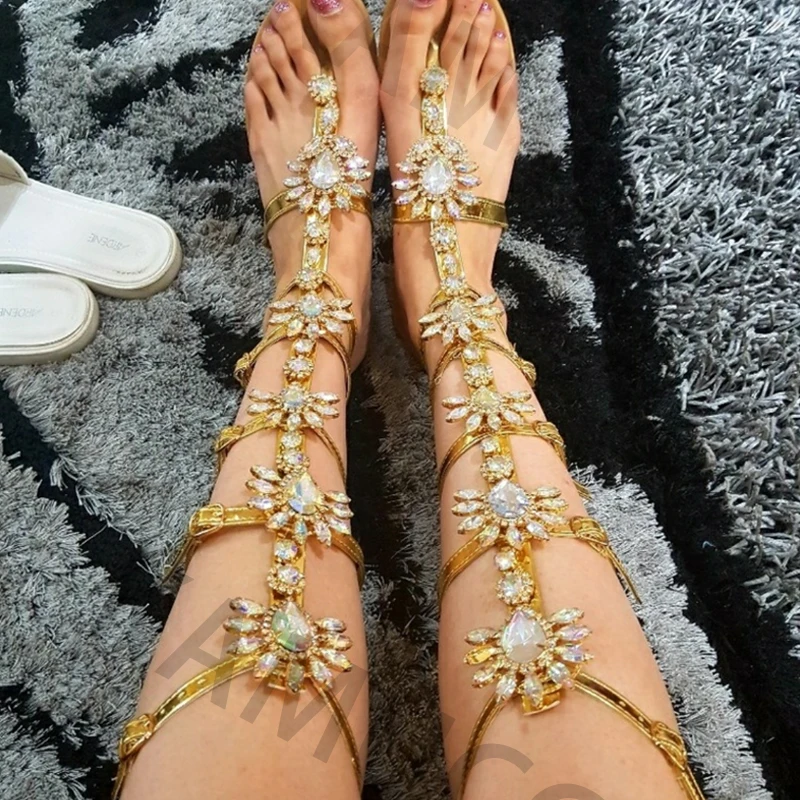 2021 Roman Rhinestone New Women Summer New Jelly Sandals Bling Knee High Sandals Ladies Outdoor Beach Sandals Flat Shoes