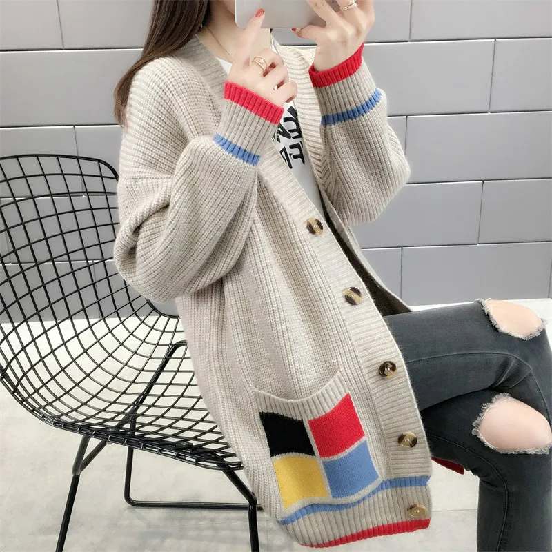 Light Brown Neploe осень зима вязаный кардиган v-образный вырез толстый контрастный цвет женский свитер, Свободный плащ длинная куртка-джемпер 55307 - Цвет: Light Brown