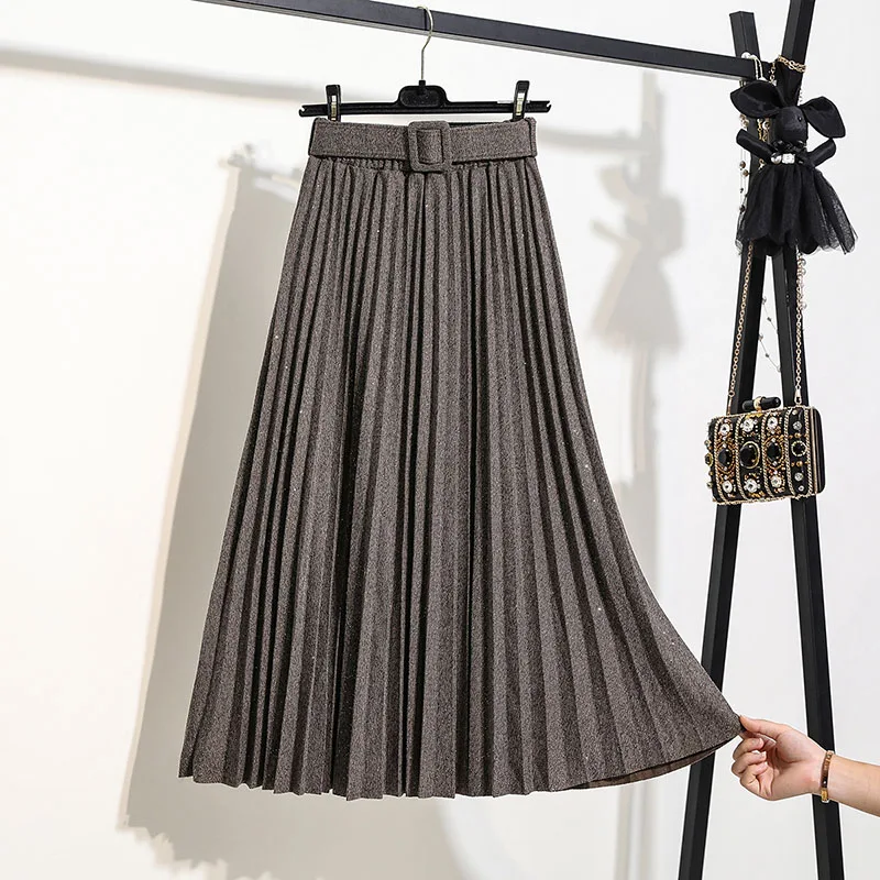 Женская Осенняя длинная юбка с эластичным поясом, зимняя черная трапециевидная Женская юбка, плотная плиссированная юбка, стильная женская юбка