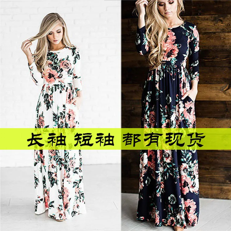 

Hot Selling European And American-Style Summer New Style Long-Sleeve Maxi Dress Printed Expandable Dress