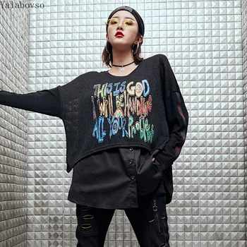 

2020 New Arrivals Fake Two Piece Letter Printing Long Sleeve Women T Shirt O-Neck Loose Trend High Street Tees A81Z40