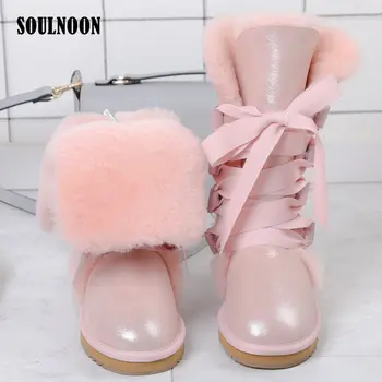 

Women Winter Long Boots Natural Wool Fur Snow Boots Sheepskin Leather Waterproof Boots Woman's Lace-up Booties Ladies Warm Shoes