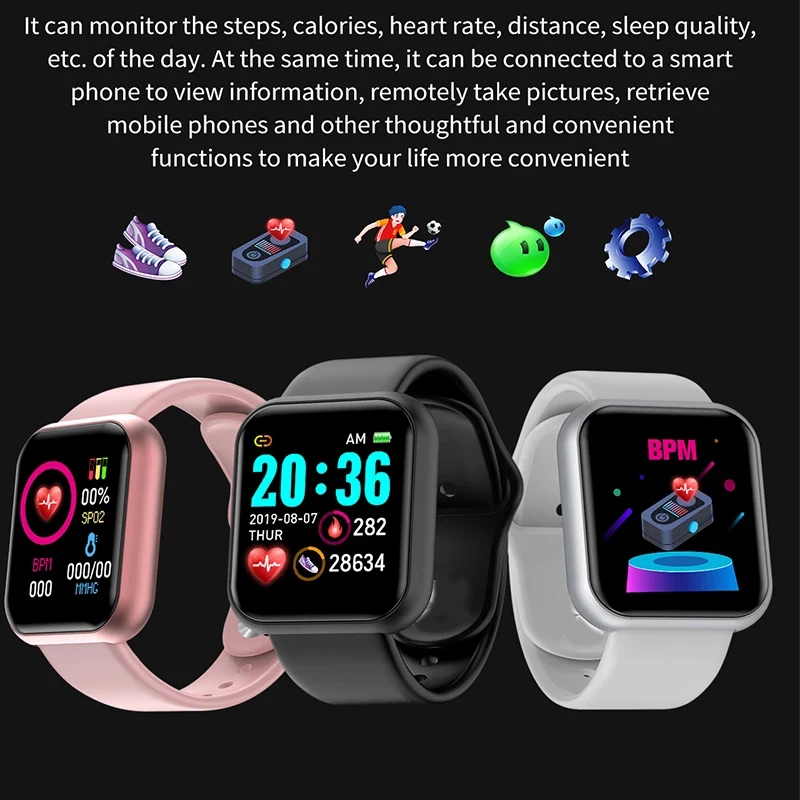 10Pcs D20 Smart Watch for Men Women Smartwatch Y68 Fitness Tracker Sports Heart Rate Monitor Wristwatch for IOS Android 5