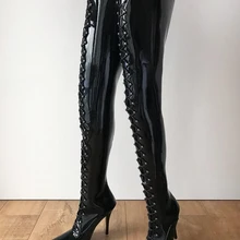 Crotch Hard Shaft Laceup Boots Stiletto Black Patent Leather Pointed Toe Shaft 95 cm Shoes Women Winter Runway Stage