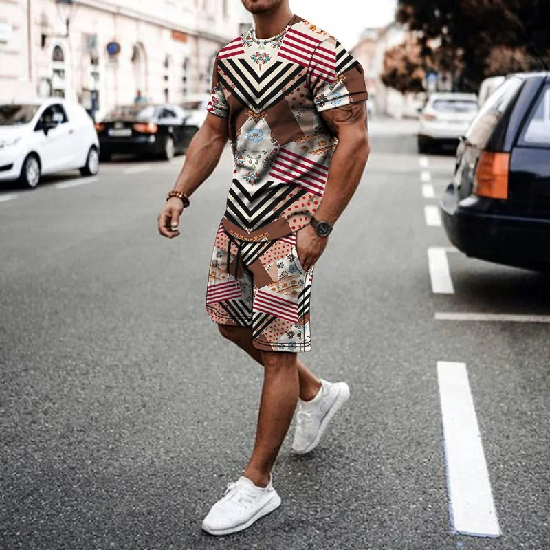 mens jogger sets New Summer Fashion Men's 2 Piece Set Tracksuits Casual Short Sleeves Print T-shirt+shorts Pants Suits Camisetas Ropa Hombre designer jogging suits