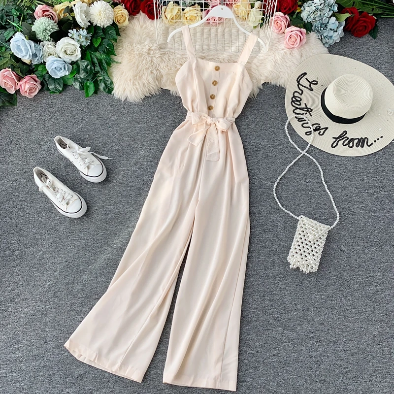 

Women's Fitness Autumn 2019 New Korean High-waist One-piece Jumpsuits Solid Color Sleeveless Broad Legged Overalls J507