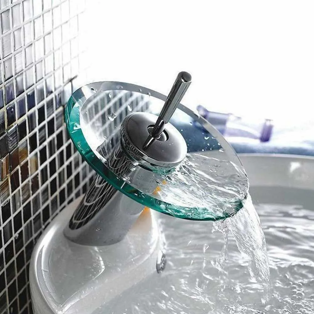 

Glass Waterfall Durable Water Tap Stainless Steel Bathroom Practical Hot Cold Sink Faucet Kitchen Rotating Replacement Home