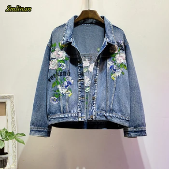 

Smlinan Embroidery Floral Harajuku Denim Jacket Women Plus Size 4xl Loose Vinatge Caquetas Mujer Bomber Jeans Coat Female