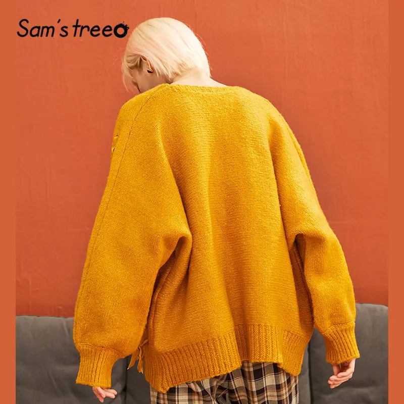 SAM'S TREE/синий однотонный вязаный женский кардиган, свитер, зима, желтый, на шнуровке, с рукавом-фонариком, повседневные, офисные, женские топы