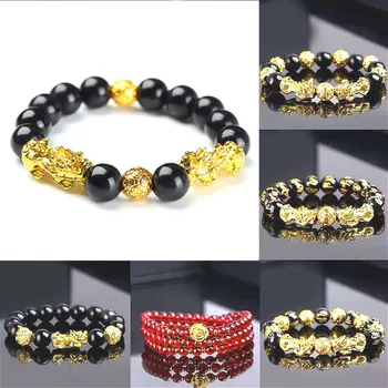 Feng Shui Obsidian Stone Beads Bracelet Men Women Unisex Wristband Gold Black Pixiu Wealth and Good Luck Women Bracelet