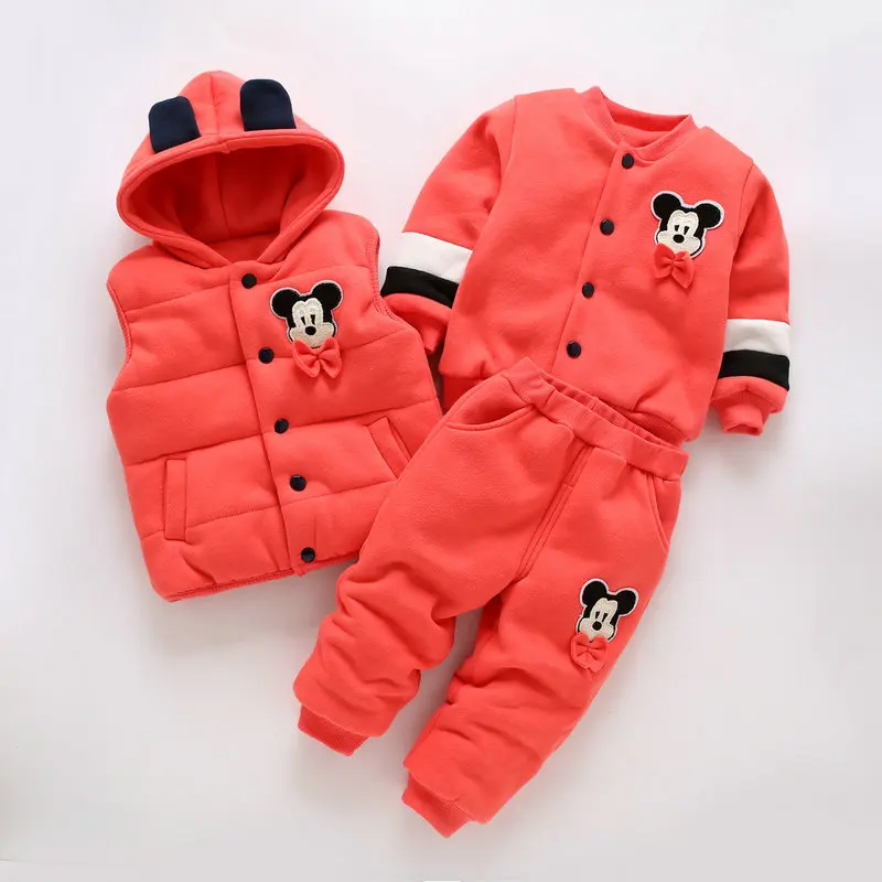 Комплект зимней одежды для маленьких девочек, детский толстый теплый жилет с капюшоном с Микки Маусом+ футболка с длинными рукавами+ штаны, комплект из 3 предметов для девочек 1-3 лет - Цвет: Оранжевый