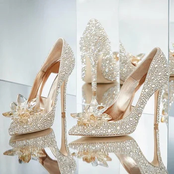 

2019 spring and autumn ladies wedding shoes silver high heel stiletto rhinestone Cinderella crystal shoes