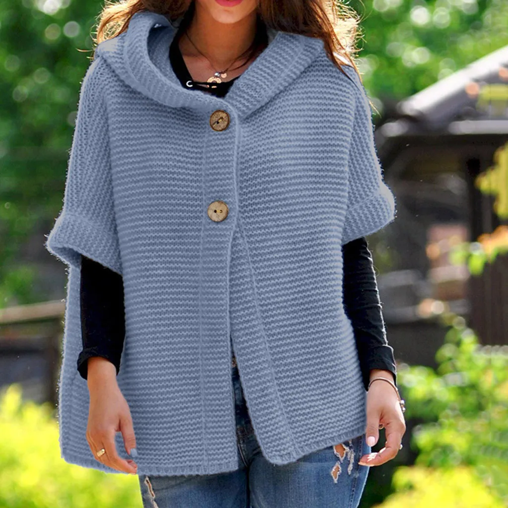 

Feitong Leisure Womens Sweaters Winter Half Sleeve Solid Color Hooded Sweater Button Loose Cardigans Outwear Coats Feminina