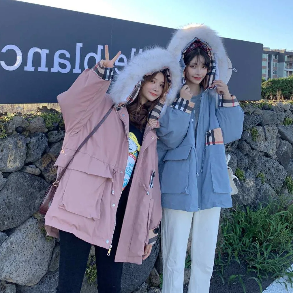 

Photo Shoot Main Push Pink Mid-length Hooded Large Fur Collar Drawstring Waist Hugging Plaid Stitching Best Friend Cotton Coat W