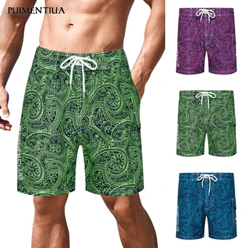 

Puimentiua Men's Beach Shorts Prirted Drawstring Elastic Waist Casual Beach Shorts Men's Quick-dry Pants S-2XL