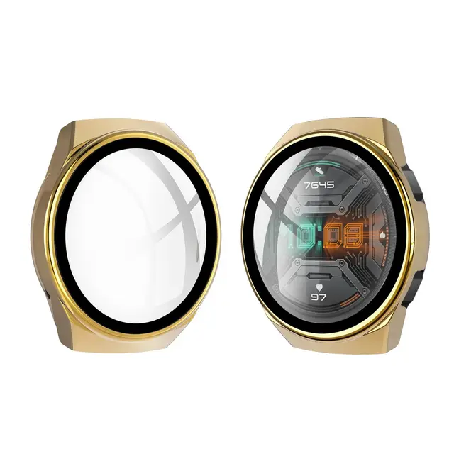 Case for Huawei Watch GT 2E GT2E GT2 GT 2 42mm 46mm Full Coverage Bumper Case Cover with Tempered Glass Screen Protector Gold