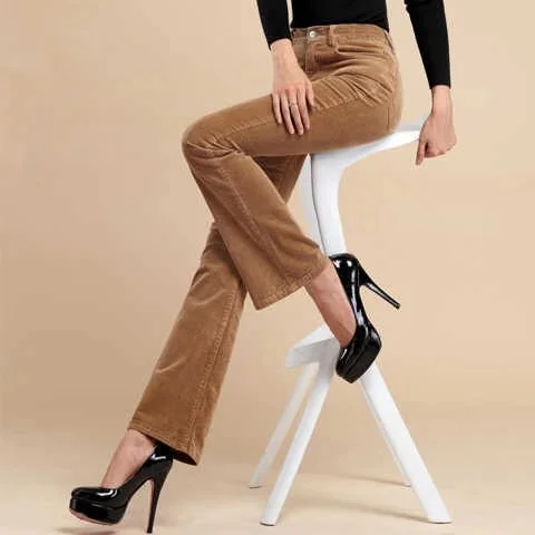 Khaki Flare Pants Vangull женские вельветовые брюки с высокой талией, однотонные расклешенные брюки, Осенние новые большие размеры, Женские повседневные свободные брюки на молнии, длинные брюки - Цвет: Khaki Flare Pants