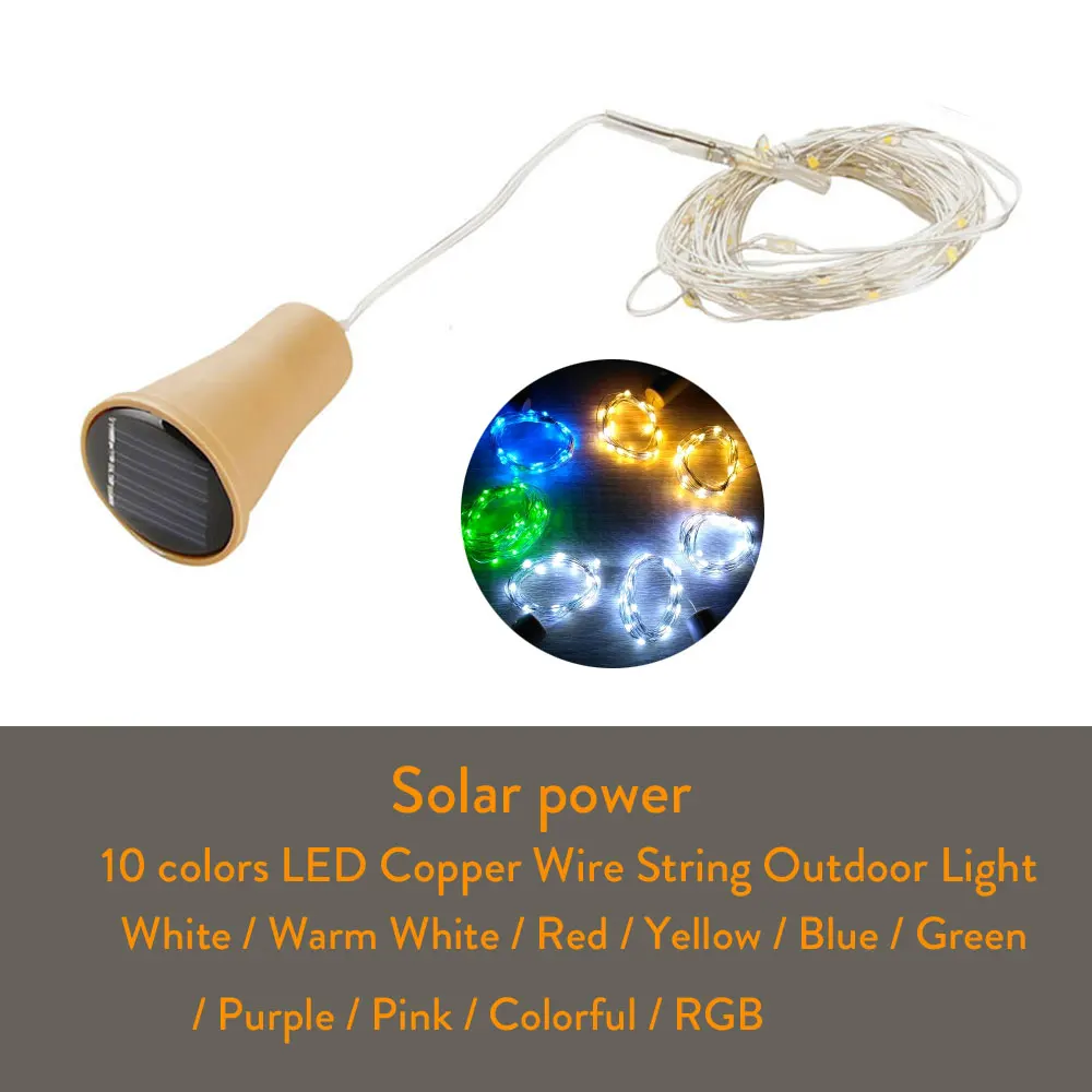 10LED 15LED 20LED Solar LED Cork Wine Bottle Stopper Copper Garland Wire Fairy String Light 1M/1.5M/2M Outdoor Party Decoration